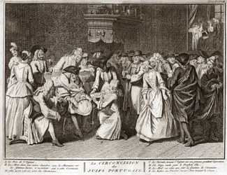Besnijdenisceremonie in de Joods-Portugese gemeenschap, gravure uit 