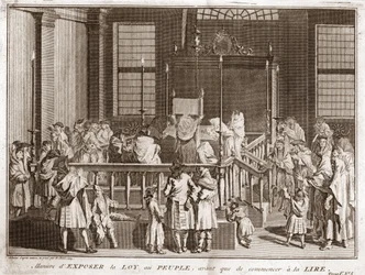 Jodendom: vertoning van de Thora in een Synagoge voor de lezing) Gravure uit Illustratie de ceremonies et customs religieuses de tous les peuples du monde door Bernard Picart (1723-1743) 1819 Privécollectie