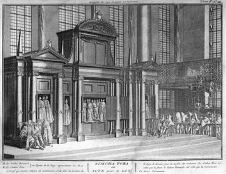 Jodendom: het feest van Simchat Torah (Joods feest van Simchat Torah) Gravure uit "Illustratie van ceremonies en religieuze gebruiken van alle volkeren van de wereld" door Bernard Picart (1723-1743) 1819 Privécollectie
