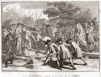 Jodendom: de assistenten gooien aarde op het lichaam tijdens de begrafenis (Joodse begrafenis) Gravure uit "Illustratie van religieuze ceremonies en gebruiken van alle volkeren van de wereld" door Bernard Picart (1723-1743) 1819 Privécollectie