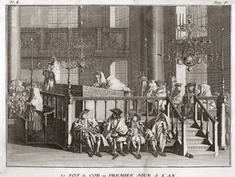 Jodendom: het geluid van de hoorn op de eerste dag van het jaar (geluid van de sjofar op Rosj Hasjana) (Joods Nieuwjaarsfeest: Blazen van de sjofar op Rosj Hasjana) Gravure uit Illustratie van religieuze ceremonies en gebruiken van alle volkeren