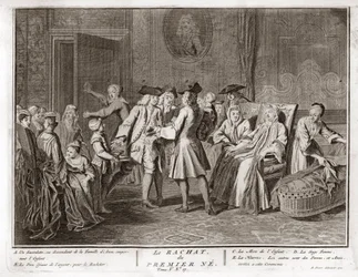 Jodendom: de traditie van de verlossing van de eerstgeboren zoon, een mitswa in het jodendom waarbij een Joodse eerstgeboren zoon wordt verlost door middel van zilveren munten uit zijn geboorteheiligheid, gravure uit "Illustratie van ceremonies en religieu