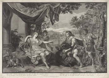 Meleager geeft de kop van het Caledonische zwijn aan Atalanta