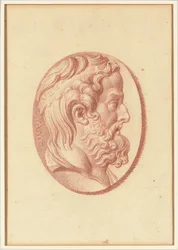 Een van vier studies naar cameeën, drie met klassieke profielportretten en een met een fragmentair reliëf van Cupido en twee leeuwen die een wagen trekken