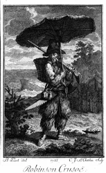 Voorstelling van Robinson Crusoe op zijn verlaten eiland. Gravure door Bernard Picart (1673-1733) ter illustratie van de roman van Daniel Defoe of De Foe (1660-1731)