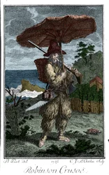 Afbeelding van Robinson Crusoe op zijn verlaten eiland (gravure door Bernard Picart ter illustratie van de roman van Daniel Defoe)