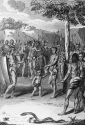 Rituele ceremonie, met slang op de voorgrond, Guinee, uit Histoire Generale des Ceremonies, moeurs, et coutumes religieuses de tous les peuples du monde, door Antoine Banier (1673-1741) en Jean Baptiste Le Mascrier (1697-1760)