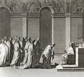 Plechtige Inauguratie van het Pontificaat: De Aanbidding van de Paus in de Sixtijnse Kapel (Pauselijke Inauguratie: Aanbidding van de Paus in de Sixtijnse Kapel) Gravure uit Illustratie van Ceremonies en Religieuze Gebruiken van Alle Volkeren van de Wereld
