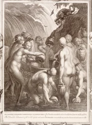 De Danaïden veroordeeld om geperforeerde vaten met water te vullen, 1730