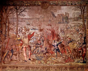 De jachten van Maximiliaan: de maand januari, Waterman, wilde zwijnenjacht, flambée, curee - Wandtapijt gemaakt in de Vlaamse ateliers door Bernard van Orley