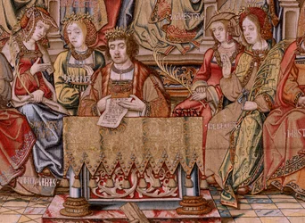 Vlaamse wandtapijt. Serie De Eerbewijzen. Eer. Tweede wandtapijt in de serie. Model Tekenaar uit de kring van Bernard van Orley en Jan Gossaert (Mabuse). Fabrikant Pieter van Aelst, Brussel. Ca 1550.