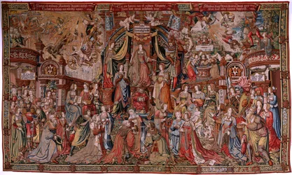 Vlaams wandtapijt. Serie De Eerbewijzen. Gerechtigheid. Negende wandtapijt in de serie. Model Tekenaar uit de kring van Bernard van Orley en Jan Gossaert (Mabuse). Manufacture Pieter van Aelst, Brussel. Ca 1550.