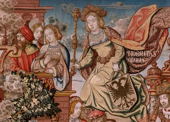 Vlaamse wandtapijt. Serie De Eerbewijzen; Adel. Vierde wandtapijt in de serie. Model Cartonisten uit de kring van Bernard van Orley en Jan Gossaert (Mabuse). Fabrikant Pieter van Aelst, Brussel. Ca 1550.