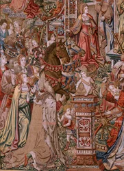 Vlaamse wandtapijt. Serie De Eerbewijzen; Voorzichtigheid. Zevende wandtapijt in de serie. Model Tekenaar uit de kring van Bernard van Orley en Jan Gossaert (Mabuse). Fabrikant Pieter van Aelst, Brussel. Ca 1550.