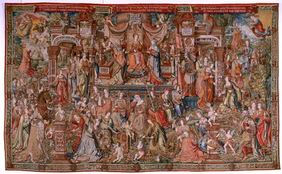 Vlaamse wandtapijt. Serie De Eerbewijzen; Voorzichtigheid (La Prudencia). Zevende wandtapijt in de serie. Model Cartonisten uit de kring van Bernard van Orley en Jan Gossaert (Mabuse). Fabriek Pieter van Aelst, Brussel. Ca 1550. Stof Goud, zilver, zijde en