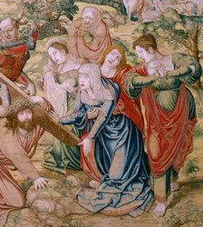 Vlaamse wandtapijt. Serie De Passie van Christus. Val op weg naar Calvarie (Caída en el camino del Calvario). Tweede wandtapijt in de serie. Modellen Cartonist Bernard van Orley. Fabriek Pieter de Pannemaker, Brussel. Ca 1518-1523. Stof Goud, zilver,