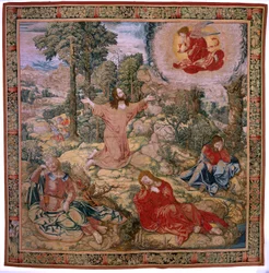 Vlaams wandtapijt. Serie De passie van Christus. Christus in de Olijfberg. Manufacture Pieter de Pannemaeker, Brussel. Tekenaar Barend van Orley. Ca 1518-1522.