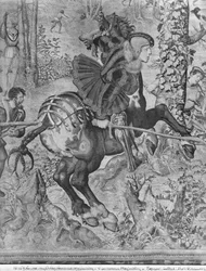 De Jachten van Maximiliaan, Steenbok, De Zwijnenjacht, detail van Maximiliaan I 1459-1519, Gobelins Fabriek