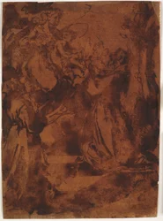 Maagd Maria met het Kind Jezus geeft Sint Franciscus van Assisi en een onbekende franciscaanse monnik de franciscaanse gordel