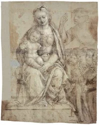 Madonna met kind, een krijgerheilige (Michael) en een groep aanbidders