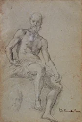 Zittende halfnaakte man; rechtsonder een vage studie voor zijn hoofd