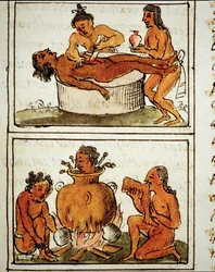 Menselijke offers en kannibalisme van de Azteken. Manuscript door Bernardino Sahagun