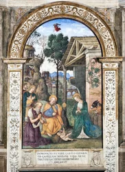 Aanbidding der herders, fresco van Pinturicchio (Bernardino di Betto) (1454-1513), 1484-1492, Basilica di Santa Maria del Popolo (Kerk van Santa Maria del Popolo), Cappella Basso della Rovere, Rome, Italië