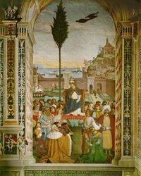 Aeneas Silvius Piccolomini, paus Pius II in de haven van Ancona, Italië, waar hij stierf, terwijl hij wachtte tot de kruisvaarders zich verzamelden (fresco)