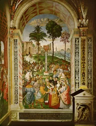 Aeneas Silvius Piccolomini, destijds bisschop van Siena, presenteert keizer Friedrich III aan zijn bruid, Eleanor van Portugal (fresco)