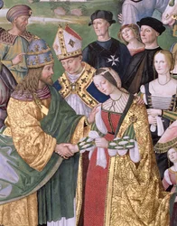 Aeneas Sylvius Piccolomini (1405-64) presenteert Eleonora van Aragon aan Frederik III (1415-93)