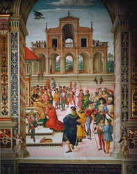 Enea Silvio gekroond tot dichter door Keizer Frederik III, Siena, Duomo, Libreria Piccolomini