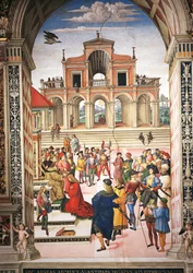 Italië, Siena, Kathedraal, Piccolomini Bibliotheek, Enea Silvio Piccolomini wordt tot dichter gekroond door Keizer Frederik III, detail uit Verhalen van Pius II