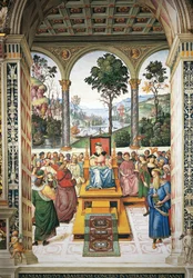 Italië, Siena, Kathedraal, Piccolomini Bibliotheek, Enea Silvio Piccolomini houdt toespraak voor koning Jacobus I van Schotland, detail uit Verhalen van Pius II