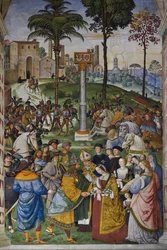 Italië Toscane Siena, Kathedraal Duomo: De Piccolomini Bibliotheek - De ontmoeting van Frederik III