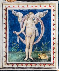 De Piccolomini Bibliotheek, het plafond, paneel met allegorie van Voorzienigheid, fresco door Bernardino di Betto, bekend als Pinturicchio