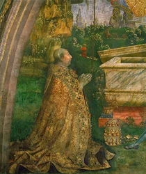 De Opstanding. Paus Alexander VI Borgia knielt voor een lege sarcofaag (muurschildering)