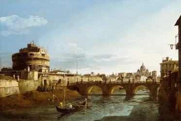 Een Uitzicht op Rome richting het Westen, met Boten langs de Tiber en de Castel Sant