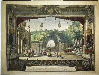 Ballet De edelmoedige Turk uit De galante Indiën van Jean-Philippe Rameau - in het Weense Burgtheater door Bernardo Bellotto (Bellotti) (1720-1780)