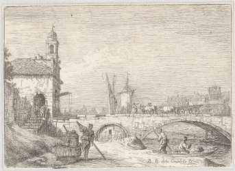 Capriccio met een brug en een poortgebouw in de trant van de Porta Portello in Padua