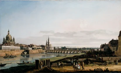 Dresden vanaf de rechteroever van de Elbe, boven de Augustusbrug