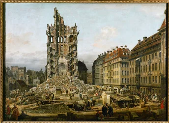 Ruïnes van de oude Kreuzkirche in Dresden (olieverf op doek)