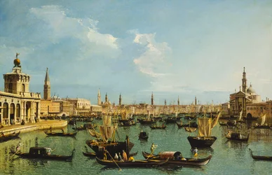 Het Bacino di San Marco, Venetië, vanaf het Giudecca-kanaal met de Dogana, de Molo, de Riva degli Schiavoni, de kerk van San Giorgio Maggiore en talrijke boten
