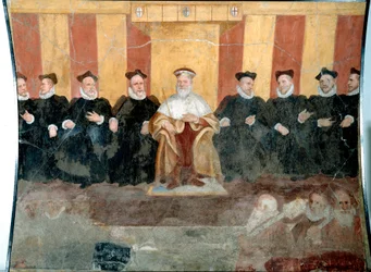 De doge van Genua Giacomo Durazzo Grimaldi omringd door senatoren (fresco)