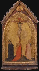 De Kruisiging met Maria Magdalena, Madonna en Johannes de Evangelist (tempera op paneel)