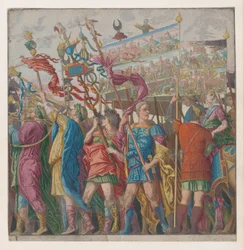 Blad 1: Soldaten die banieren dragen met daarop Julius Caesar