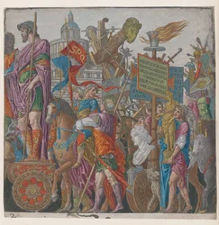 Blad 2: Een triomfwagen, uit De Triomf van Julius Caesar, 1599