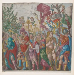 Blad 7: processie van Muzikanten en anderen met standaarden, uit De Triomf van Julius..., 1599