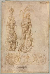 Ontwerp voor een Kandelaar, Allegorisch Figuur van Overvloed, Ornamenteel Reliëfontwerp, ca. 1490s