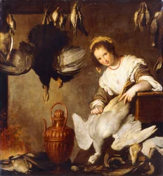 La Cuoca - Een Keukenmeid die een Gans Plukt in een Interieur