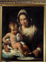 De Maagd heeft de lepel. Schilderij door Bernardo Strozzi (1581-1644)